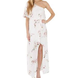 199 Plum Pretty Sugar one shoulder ruffle sexy maxi dress WHITE FLORAL sz XS